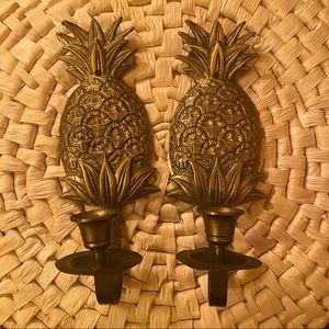VTG Pair of Pineapple Brass Bronze Candlestick Wall Sconce